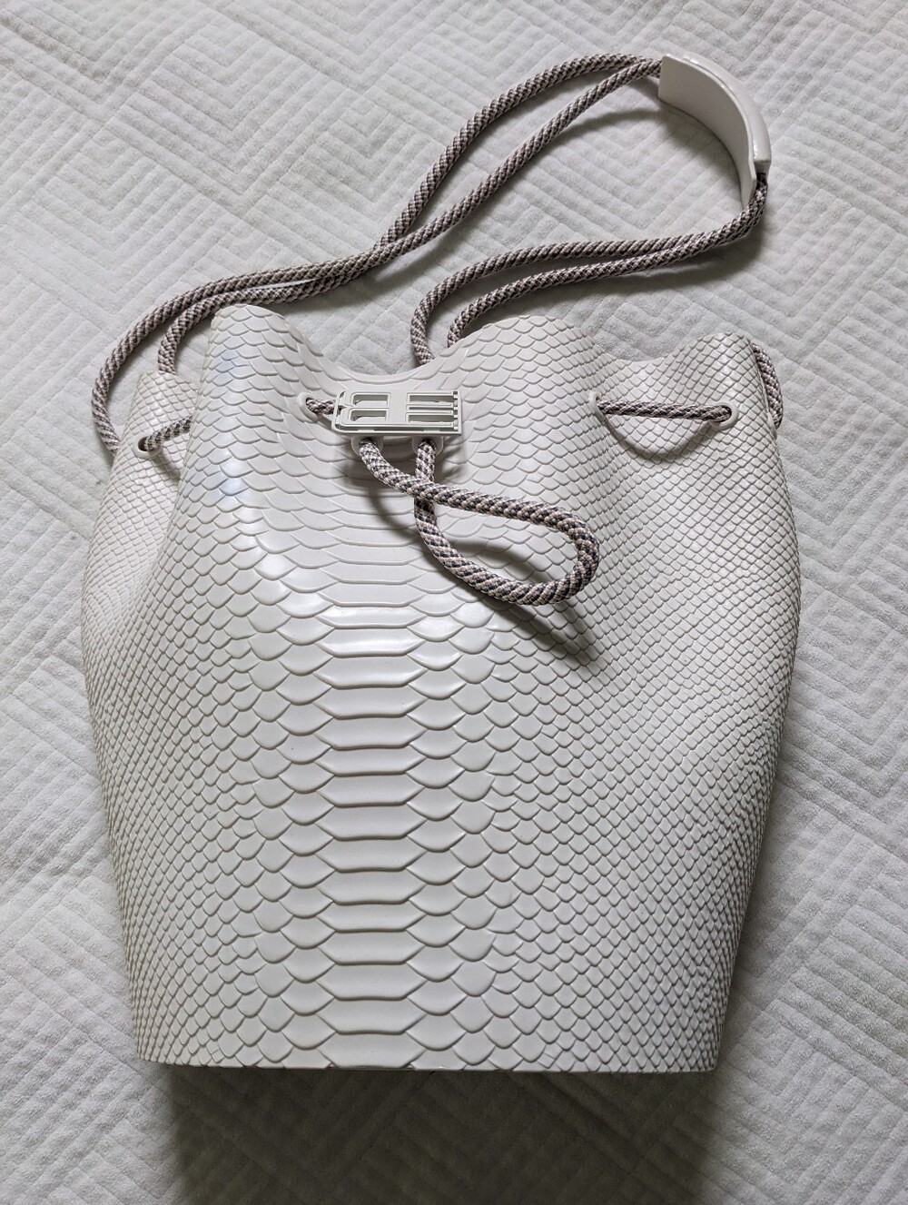 Melissa + Baja East Ivory White Textured Python Rubber Sac Bucket Drawstring Bag